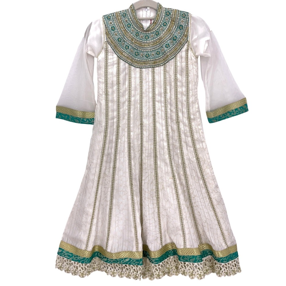 Little Me White Teal Gold Embellished Anarkali Style Dress 36 Embroidered Lace